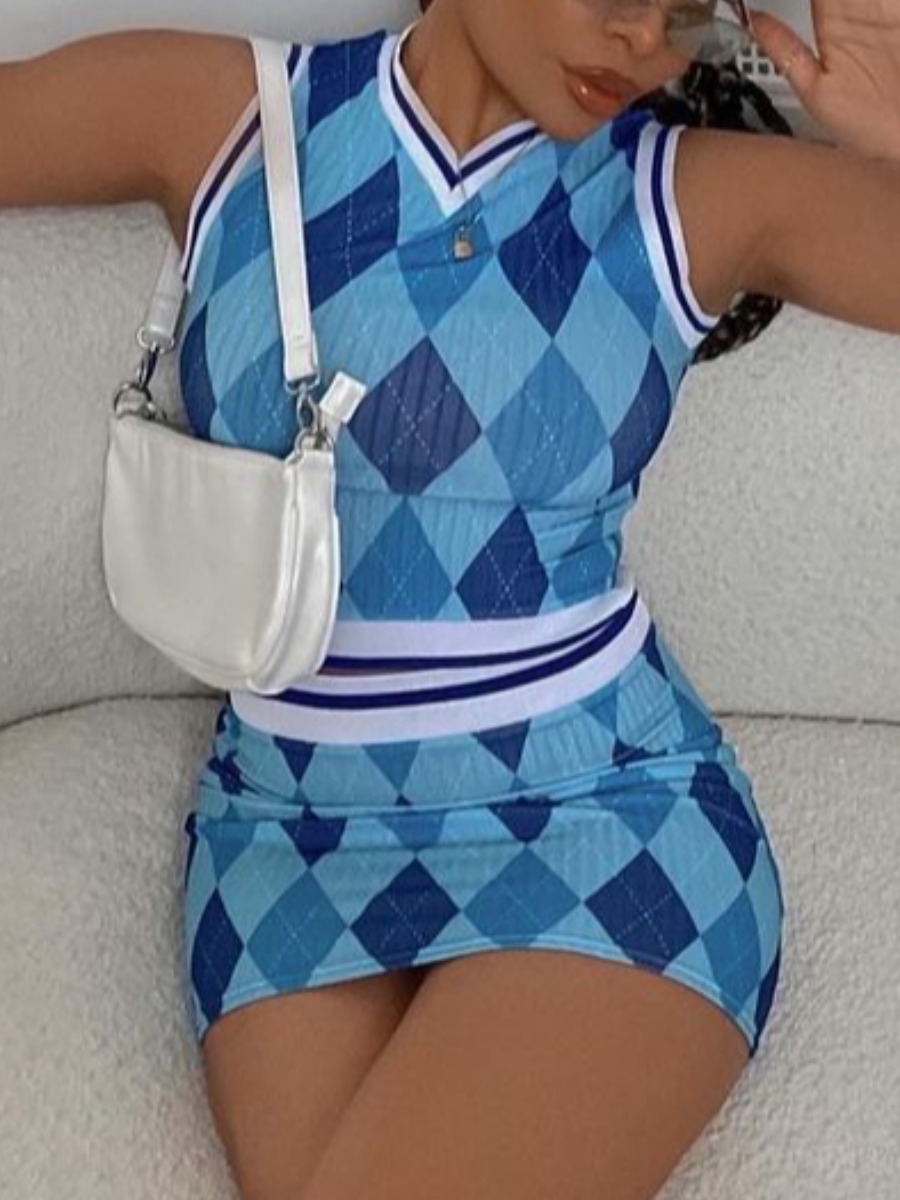 

LW Geometric Print Striped Skirt Set, Blue