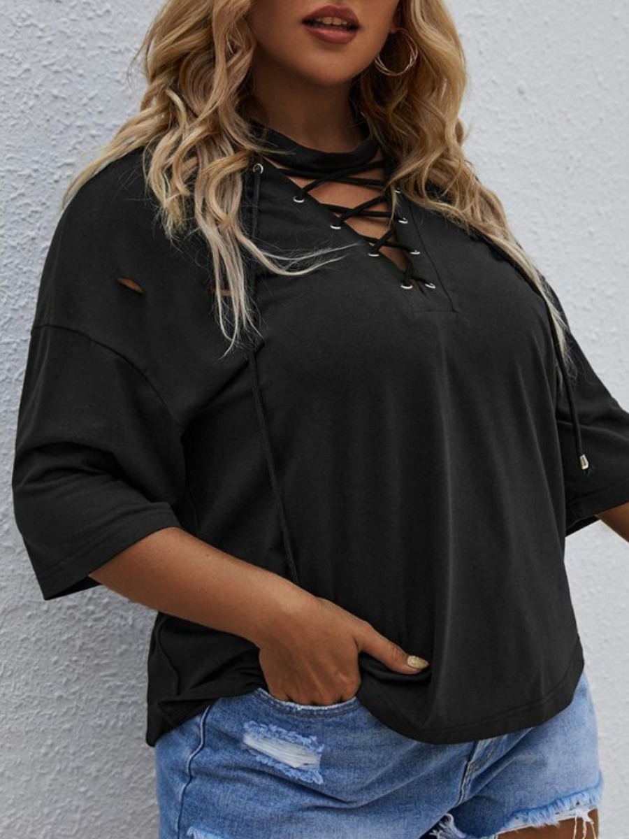 

LW Plus Size Lace-up Cut Out Basic Loose T-shirt, Black