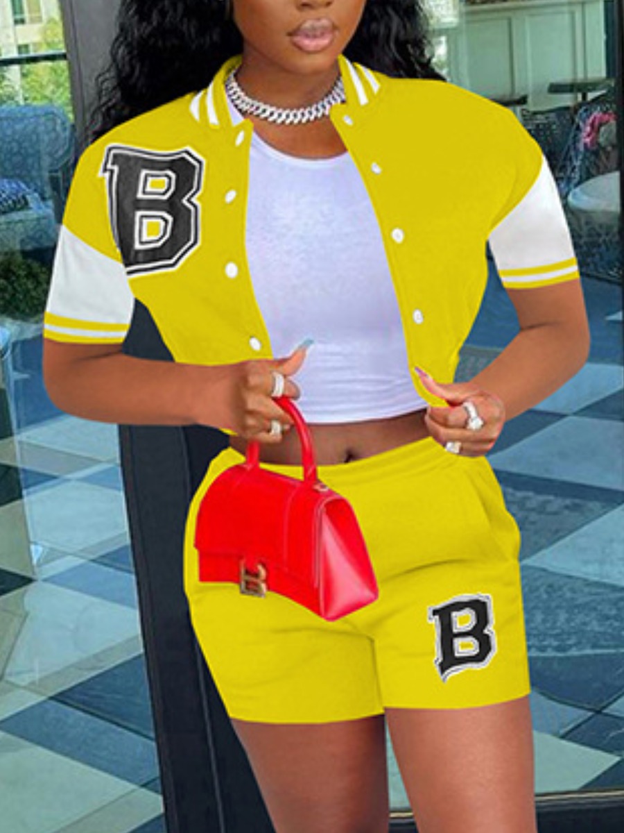 

LW Letter Print Striped Shorts Set, Yellow