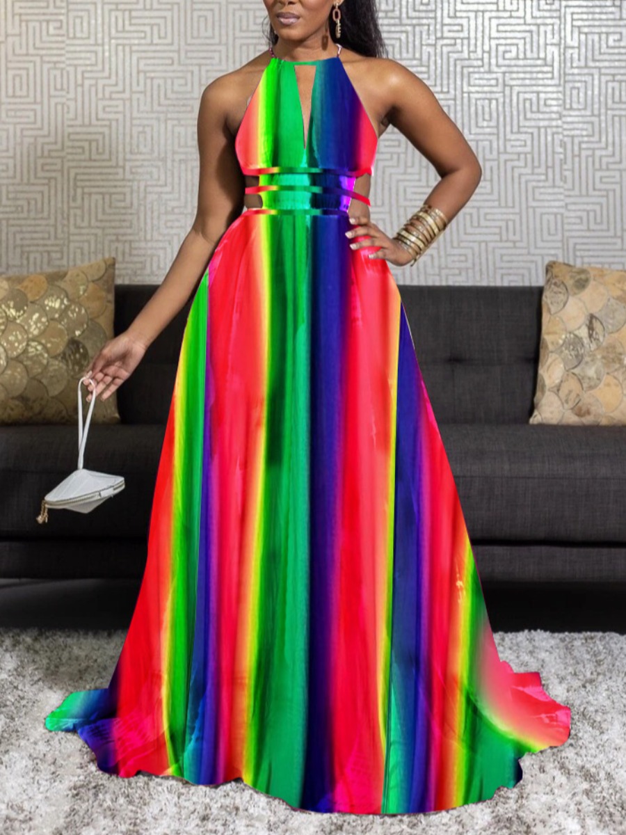 LW Rainbow Striped A Line Prom Dress, Multi