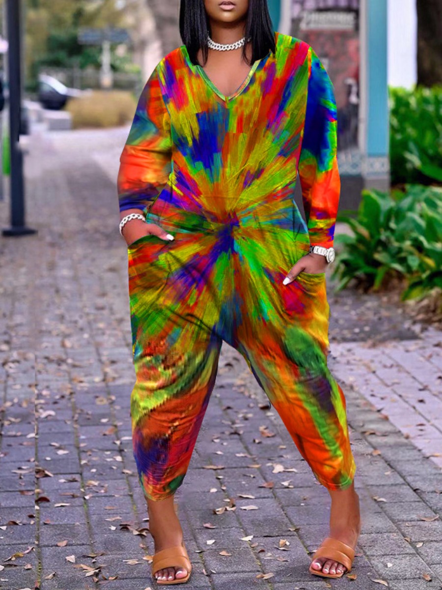 

LW Plus Size V Neck Tie-dye Loose Jumpsuit, Multi