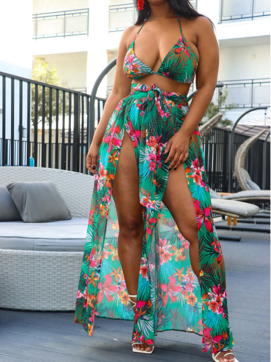

LW SXY Floral Print High Split Skirt Set, Green