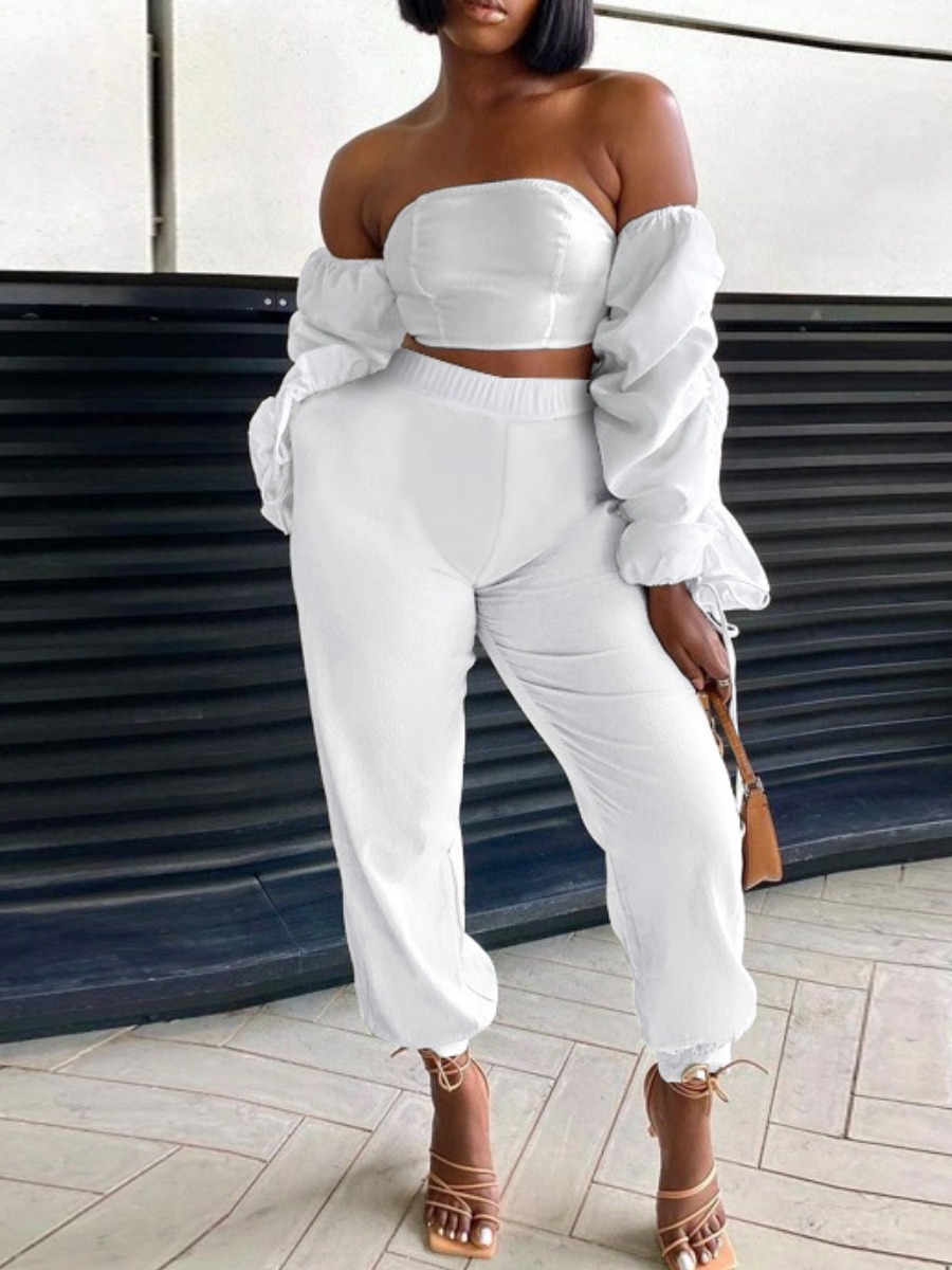 

LW SXY Off The Shoulder Fold Design Pants Set, White