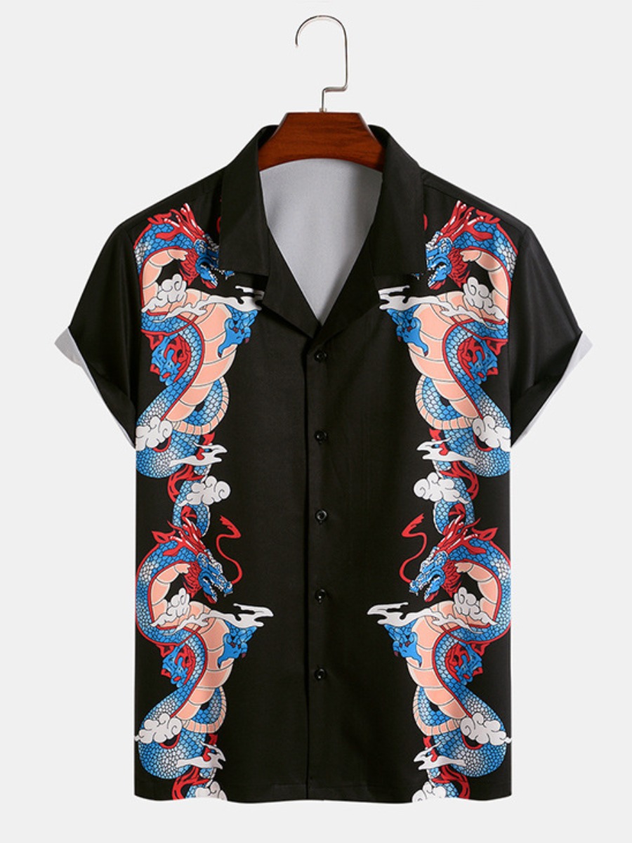 

LW COTTON Men Dragon Print Patchwork Shirt, Black