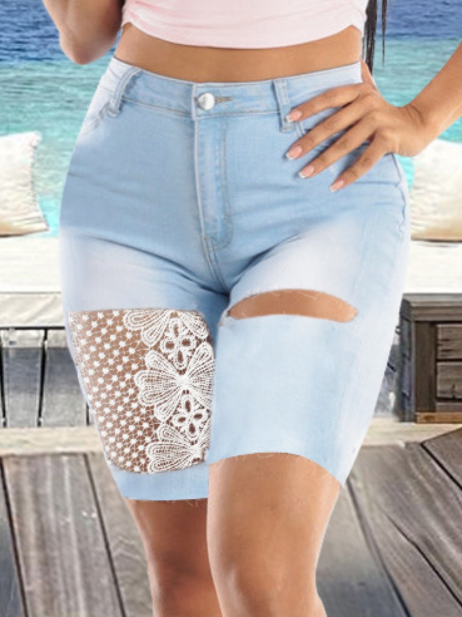 

LW Ripped Lace High Stretchy Denim Shorts, Baby blue