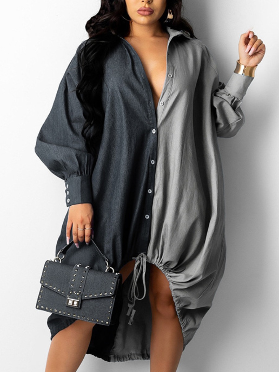 

LW Plus Size Drawstring Patchwork Shirt Dress, Grey