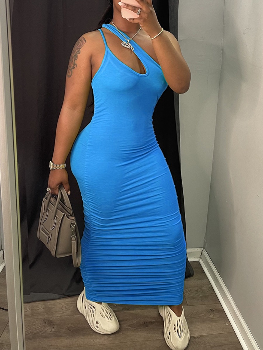 

LW BASICS One Shoulder Ruched Bodycon Dress, Blue