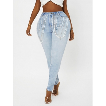 

LW Pearl Decor High Stretchy Jeans, Baby blue