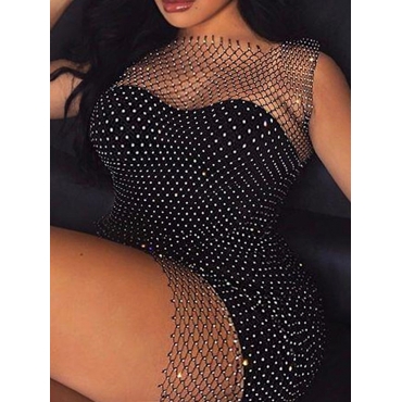 

LW SXY Rhinestone Mesh Stretchy Dress Without Lingerie (Handmade), Black