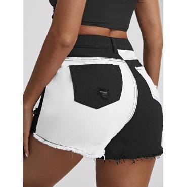 

LW Ripped Raw Edge Patchwork Denim Shorts, Black