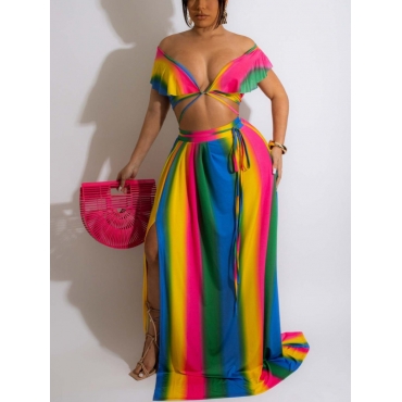 

LW Plus Size Rainbow Striped Slit Skirt Set, Multicolor mstn