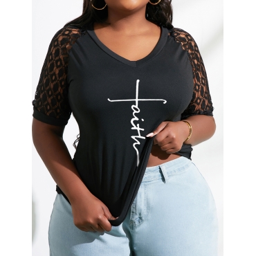 

LW Plus Size Letter Print Mesh T-shirt, Black