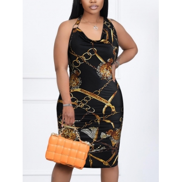 

LW Chain Print Backless Bodycon Dress, Black
