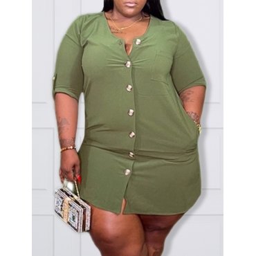 

LW Plus Size Pocket Button Design Dress, Light green