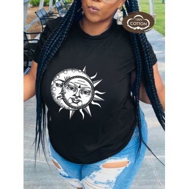 

LW COTTON Plus Size Round Neck Cartoon Print T-shirt, Black