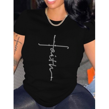 

LW Plus Size Faith Rhinestone Letter Print T-shirt, Black