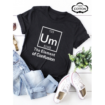 

LW COTTON Plus Size Round Neck Letter Print T-shirt, Black