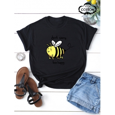 

LW COTTON Plus Size Cartoon Letter Print T-shirt, Black
