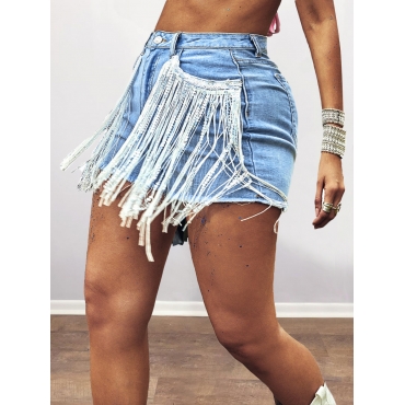 

LW Raw Edge Tassel Design High Stretchy Denim Shorts, Baby blue