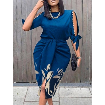 

LW SXY Plus Size Floral Print Pearl Decor Wrap Dress, Royalblue