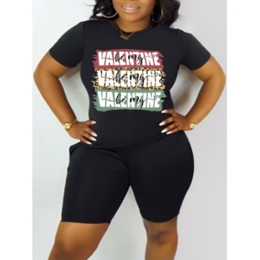 

LW Plus Size Round Neck Letter Print Shorts Set, Black