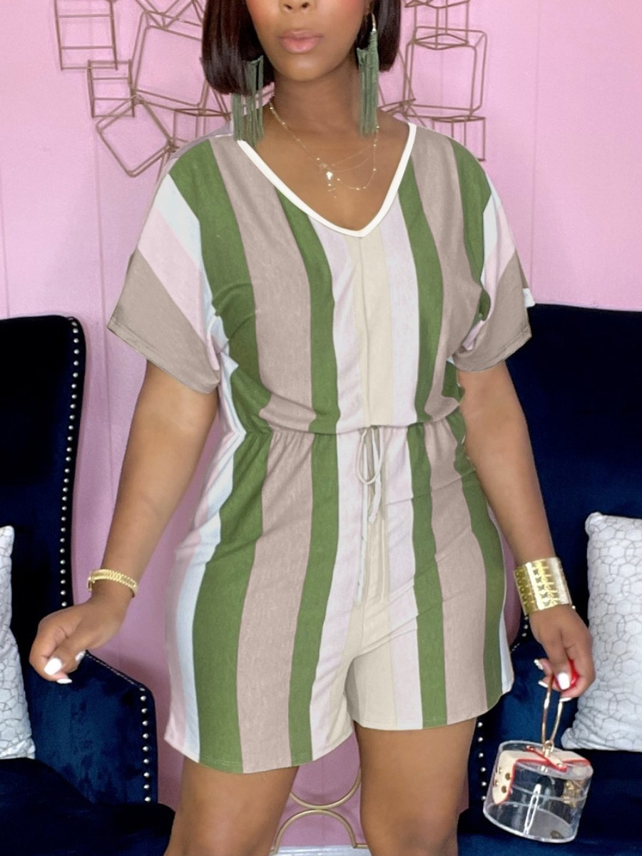 

LW Striped Drawstring Romper, Green