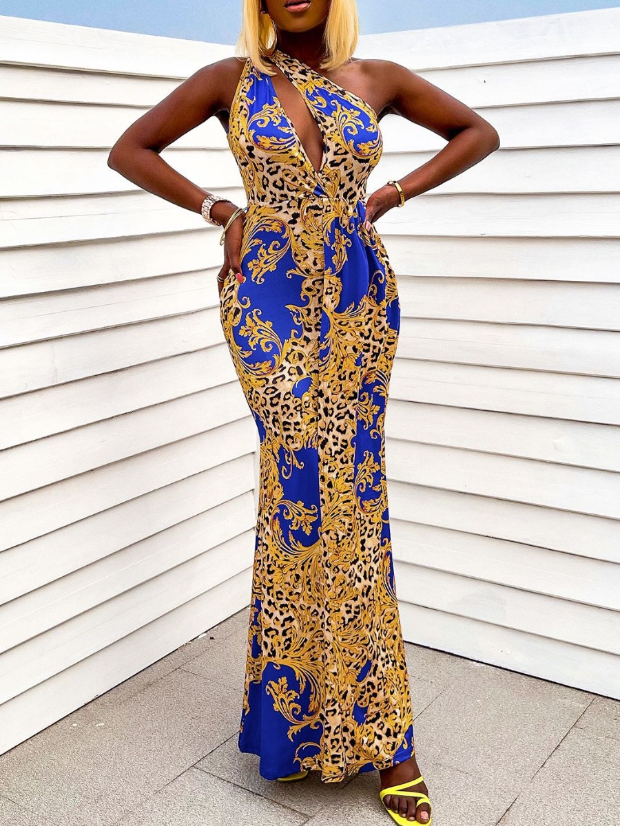LW SXY One Shoulder Baroque Print Slit Dress, Blue