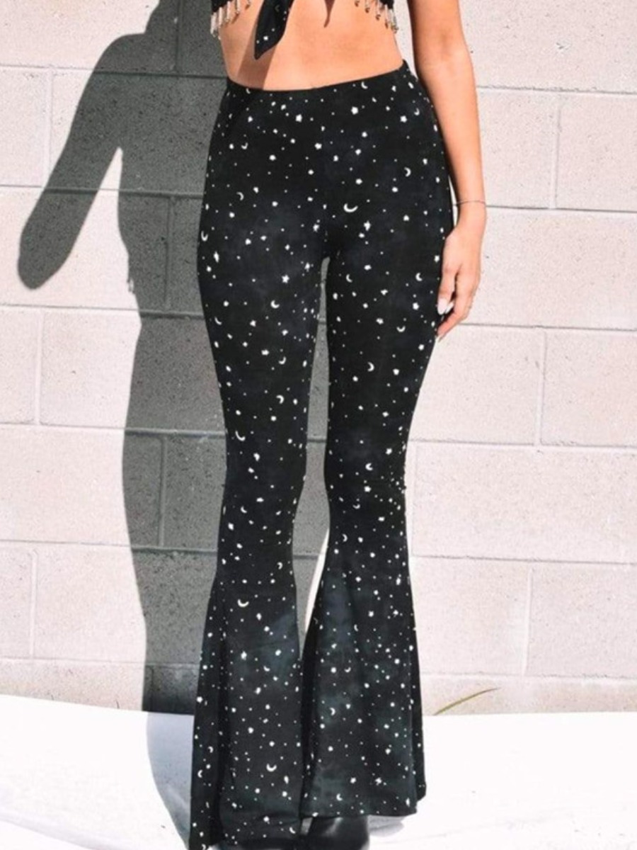 

LW Star Moon Print Flared Pants, Black