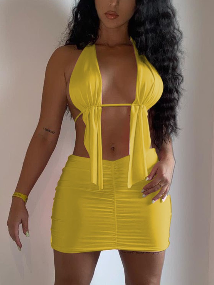 

LW SXY Backless Ruched Skirt Set, Yellow