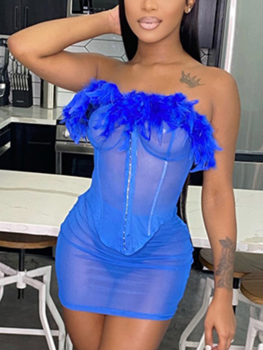 

LW Off The Shoulder Feather Decor Skirt Set, Blue