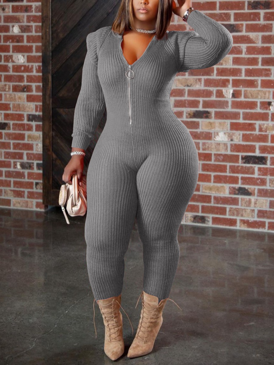 

LW SXY Plus Size Rib-Knit Zipper Design Jumpsuit, Grey