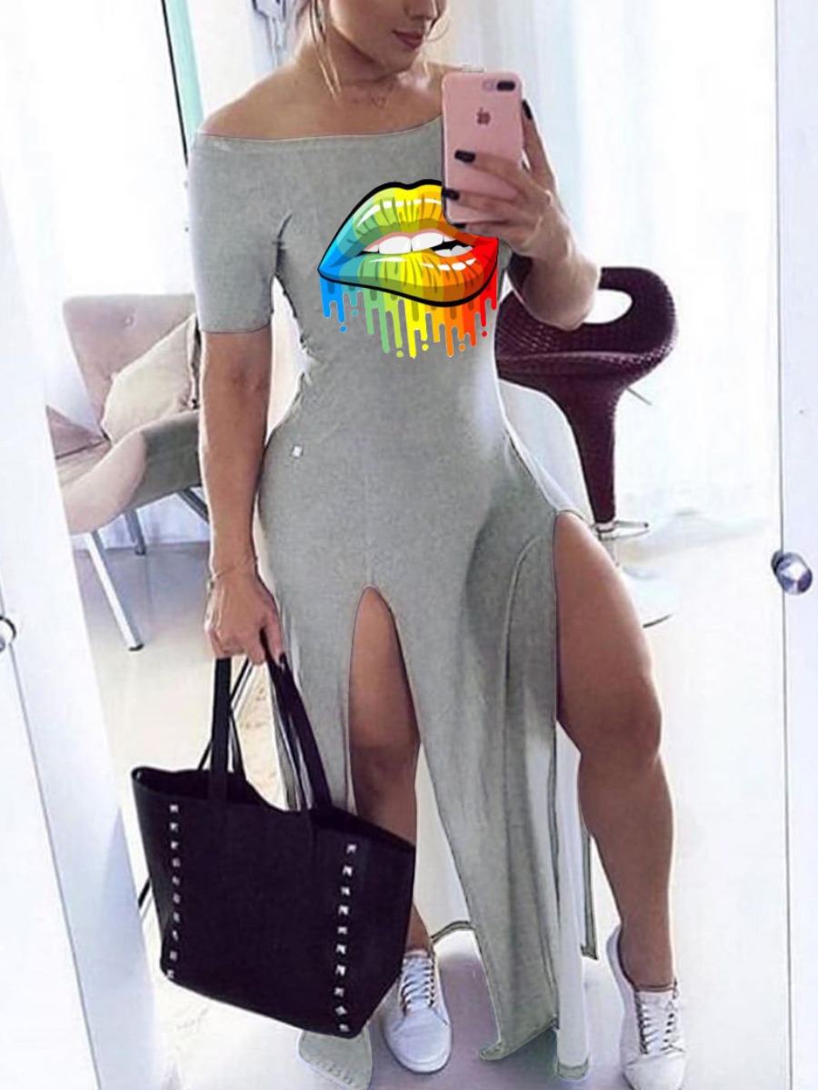 

LW Plus Size Off The Shoulder Lip Print Thigh Slit Dress, Grey