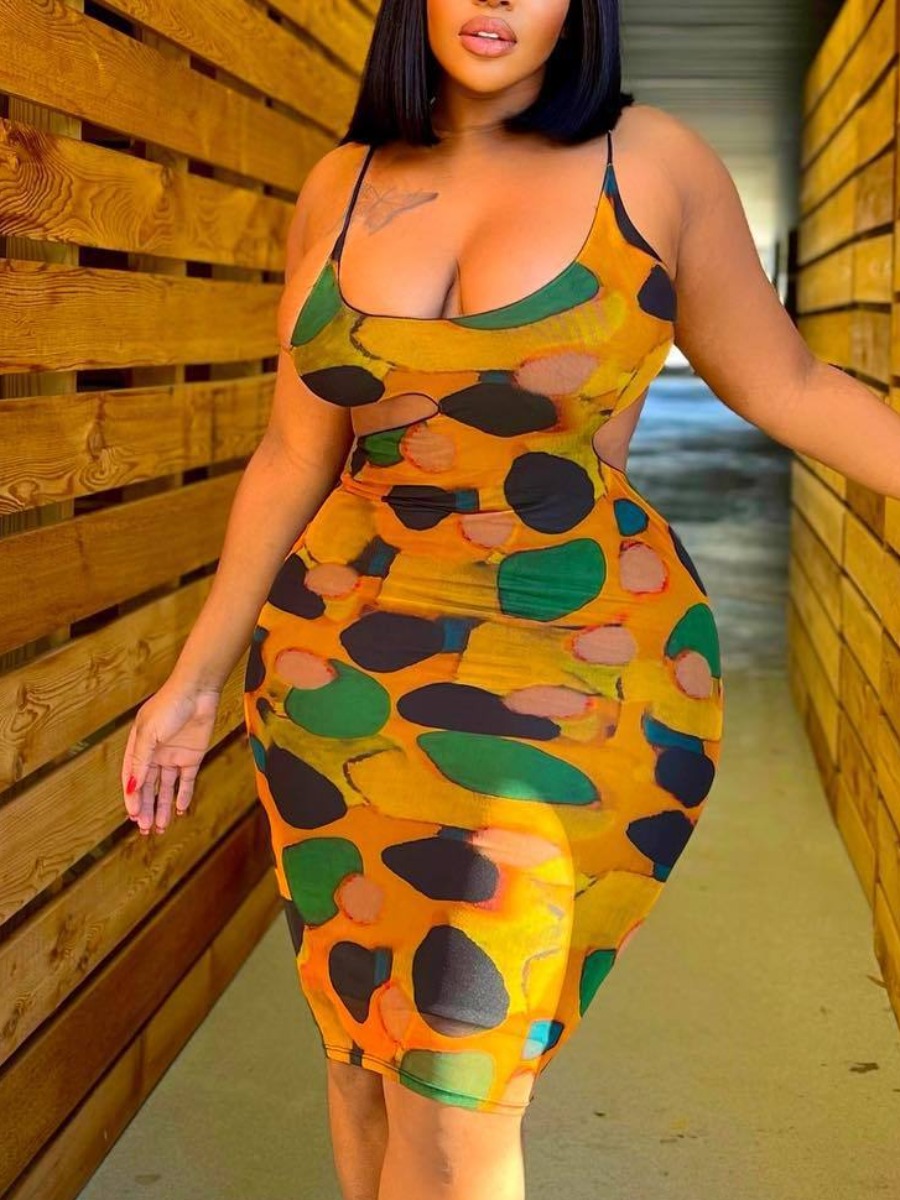 

LW SXY Plus Size Mixed Print Cut Out Cami Dress, Yellow