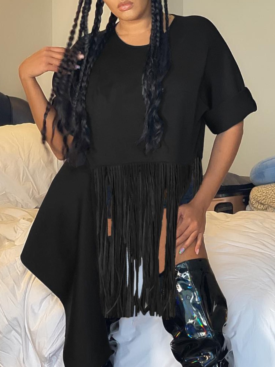 

LW Round Neck Tassel Design T-shirt, Black