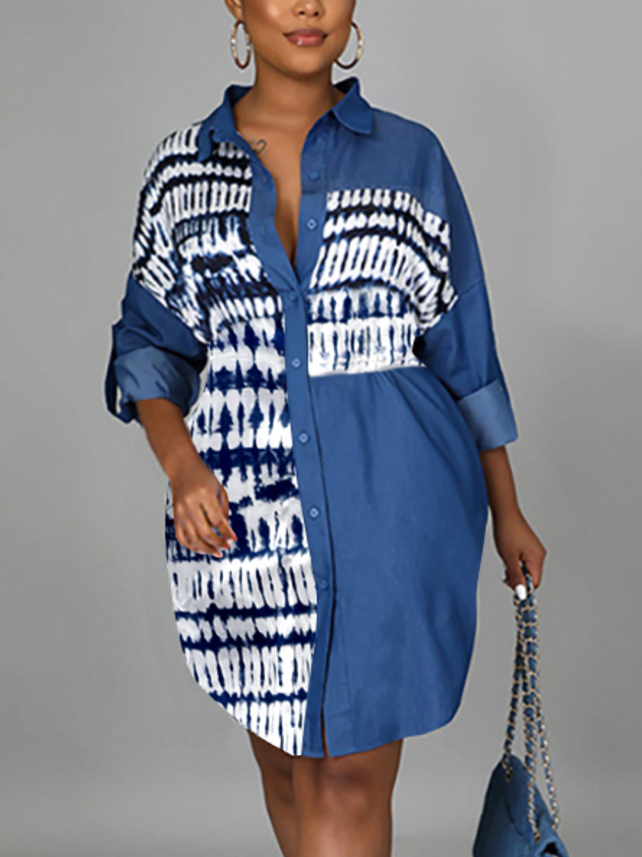 

LW Turndown Collar Patchwork Denim Dress (Without Belt), Blue