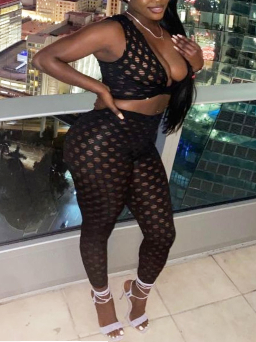 

LW Plus Size Crop Top Pierced Stretchy Pants Set, Black