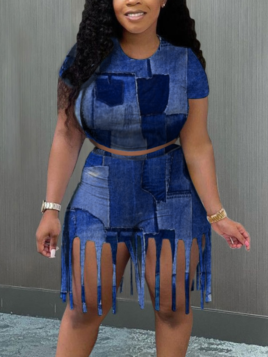 LW Round Neck Tassel Design Two Piece Shorts Set (Imitation Denim)