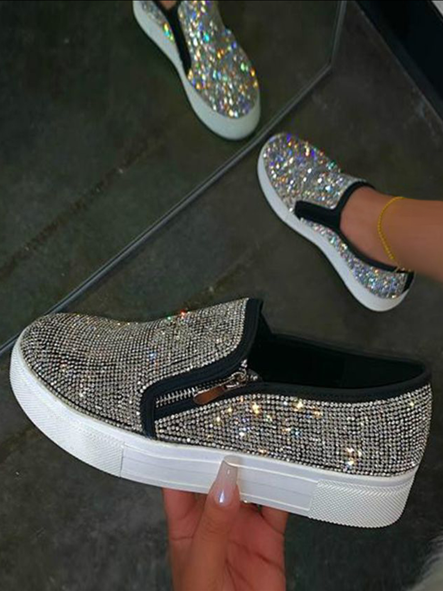 LW Street Sequined Zipper Design Black Platform Flats