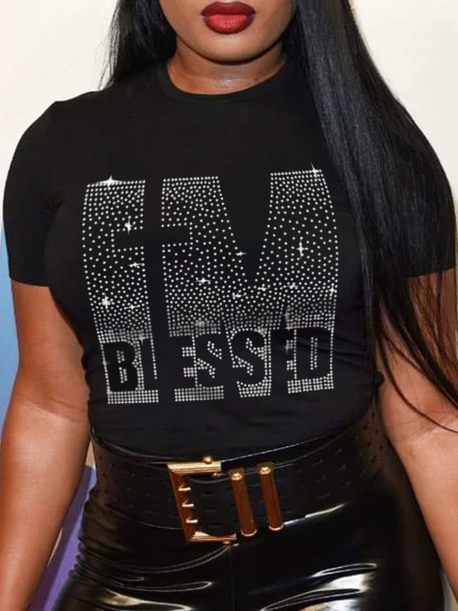 

LW Rhinestone Blessed Letter T-shirt, Black