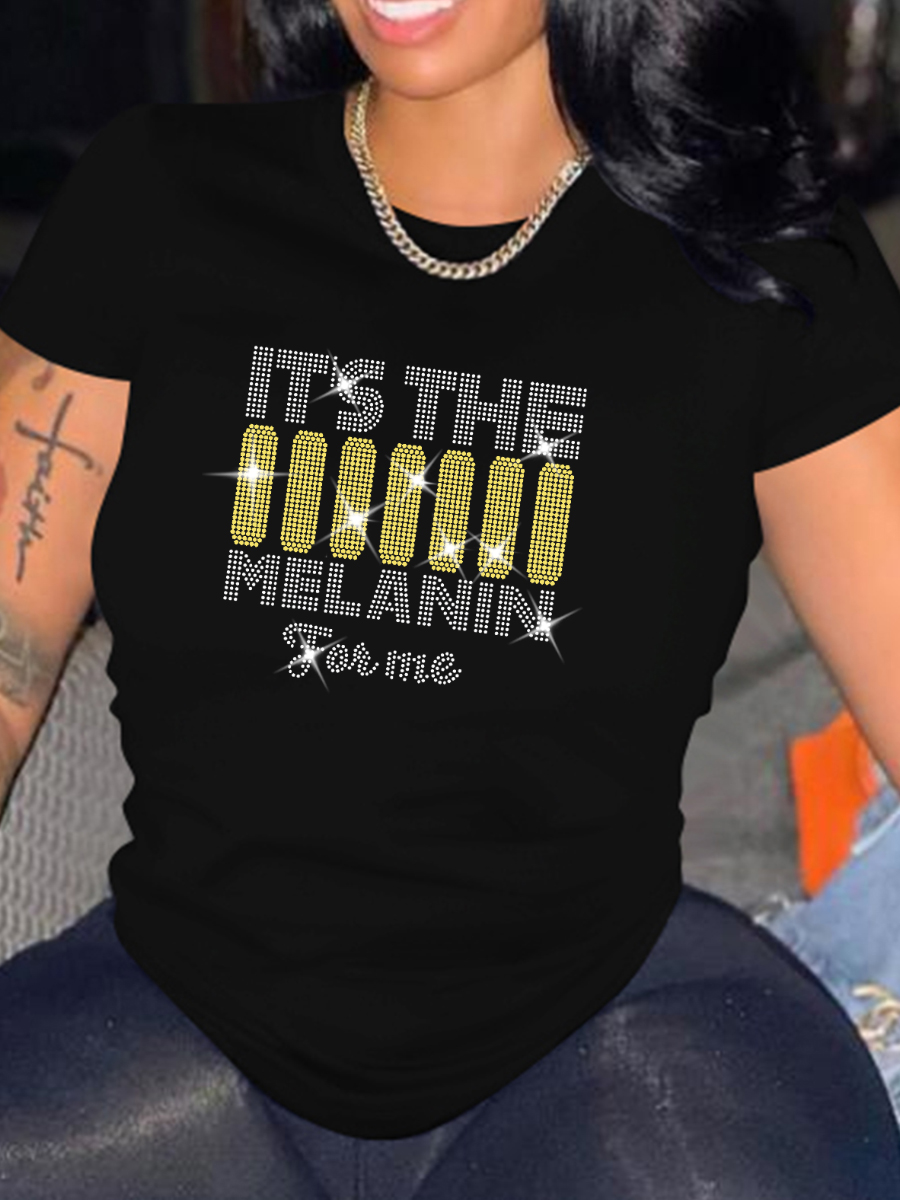 

LW Plus Size Rhinestone Melanin Letter T-shirt, Black