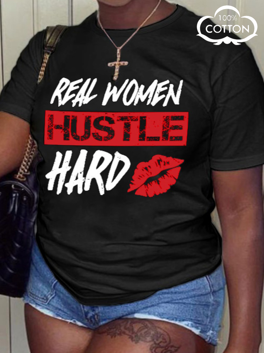 

LW COTTON Hustle Hard Letter Lip Print T-shirt, Black