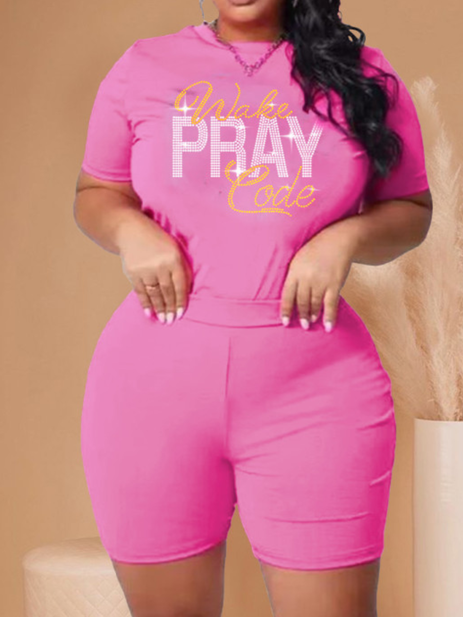 

LW Plus Size Rhinestone Pray Letter Shorts Set, Rose red