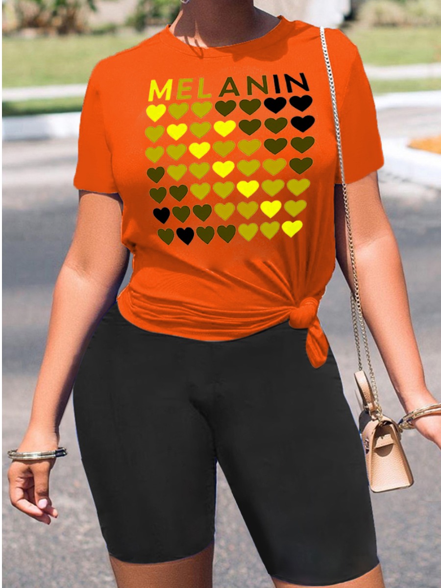 

LW Plus Size Heart Melanin Letter Print Shorts Set, Orange