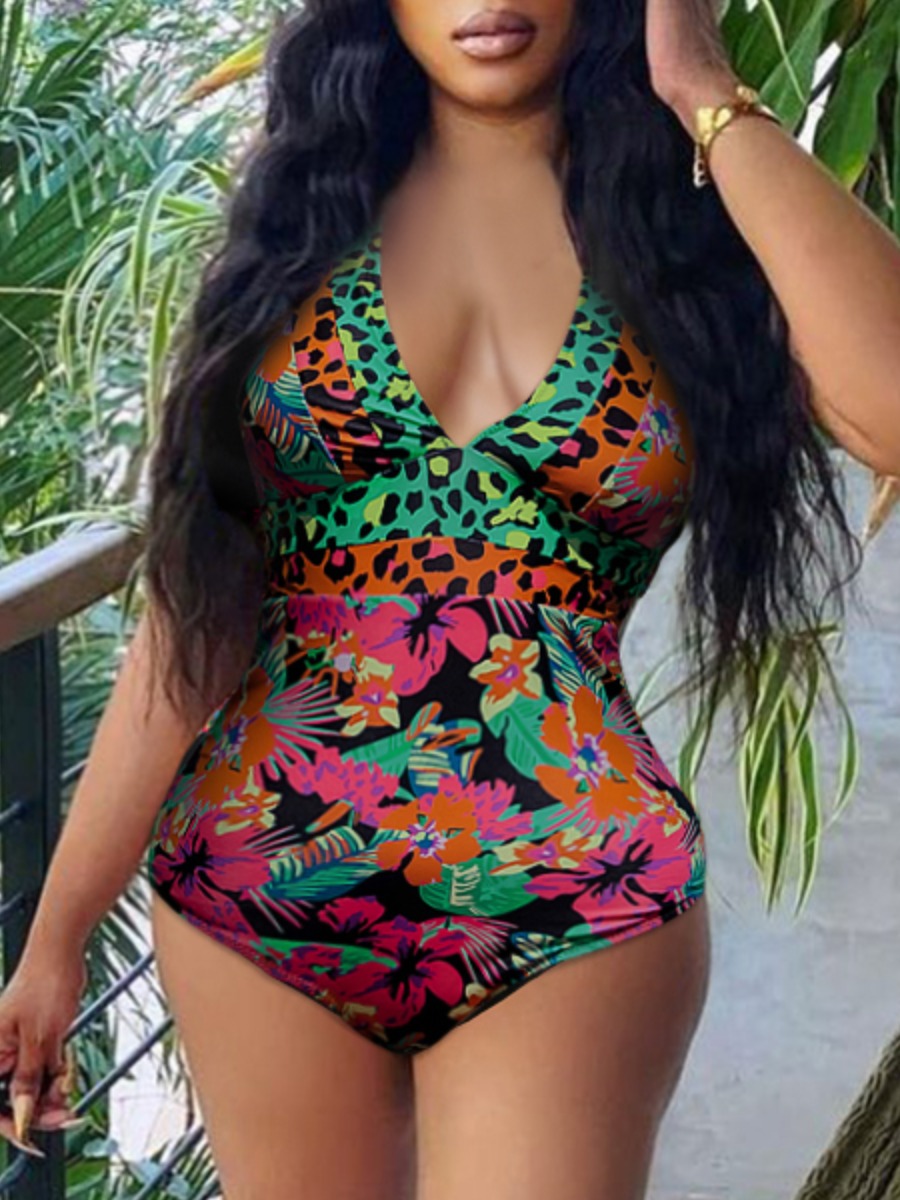 

LW Leopard Floral Print One-piece Swimsuit, Multi