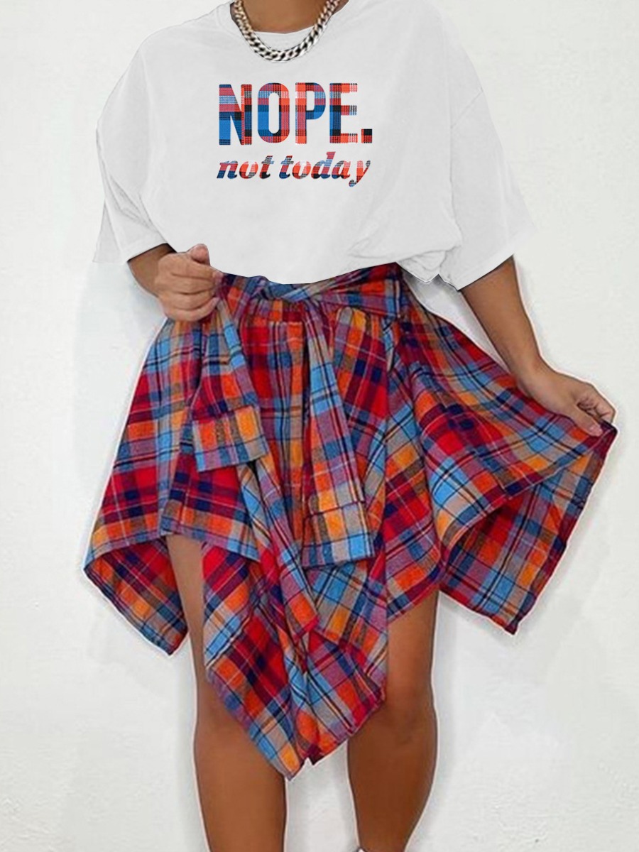 

LW BASICS Plaid Letter Print Fold Design Skirt Set, Blue