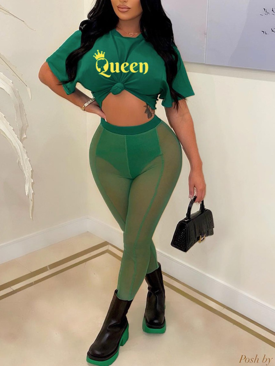 

LW Queen Letter Print See-through Pants Set, Dark green