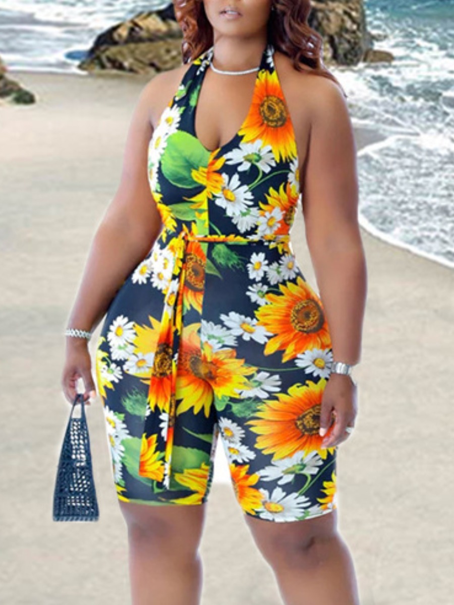 

LW Plus Size Sunflower Print Stretchy Romper, Multi