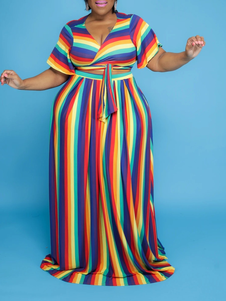 

LW SXY Plus Size Rainbow Striped Bandage Design Skirt Set, Multi