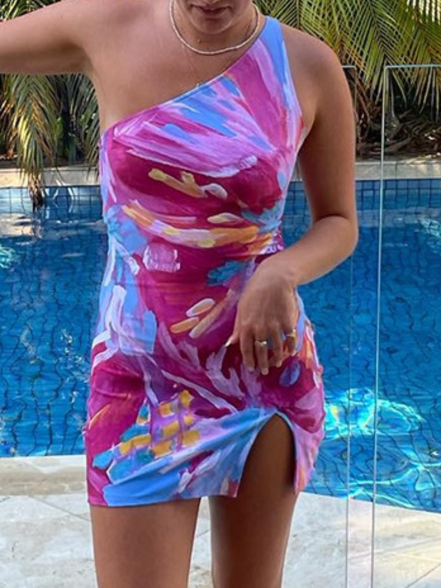 

LW SXY One Shoulder Mixed Print Slit Bodycon Dress, Multi