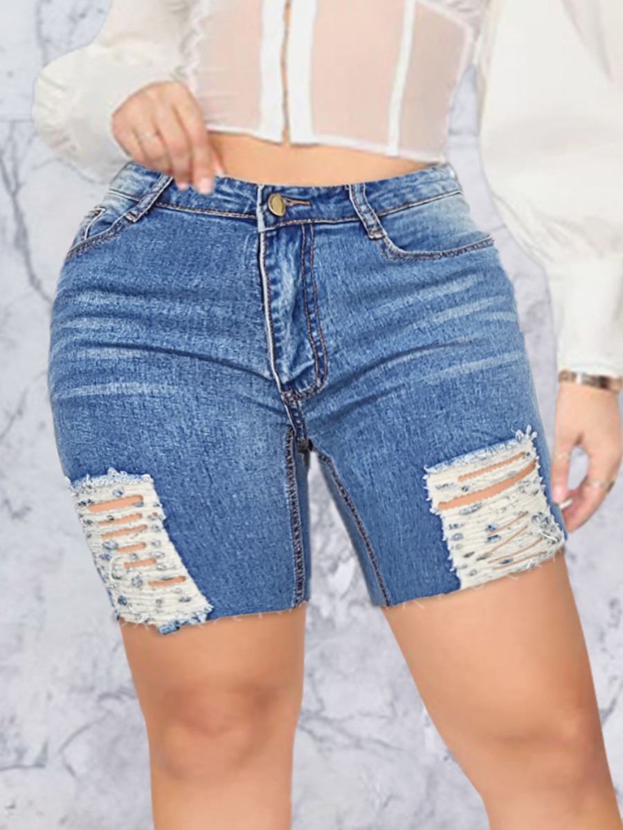 

LW Ripped Raw Edge Denim Shorts, Blue